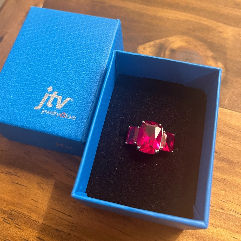 JTV Lab Created Ruby Rhodium Over Sterling Silver 3-Stone Ring 8.54ctw